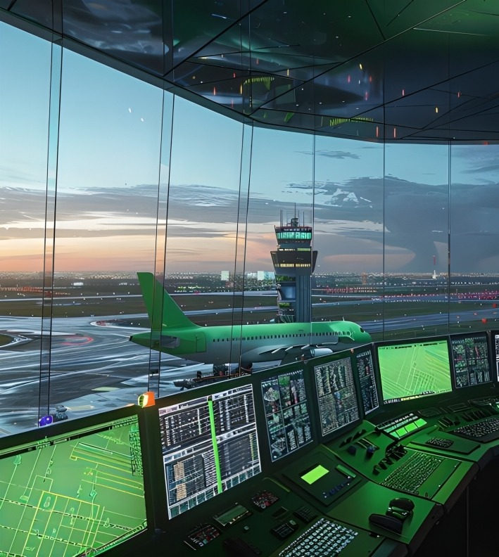 Airport radar system operating in green-lit zone near airplane – built by radar manufacturing companies in India